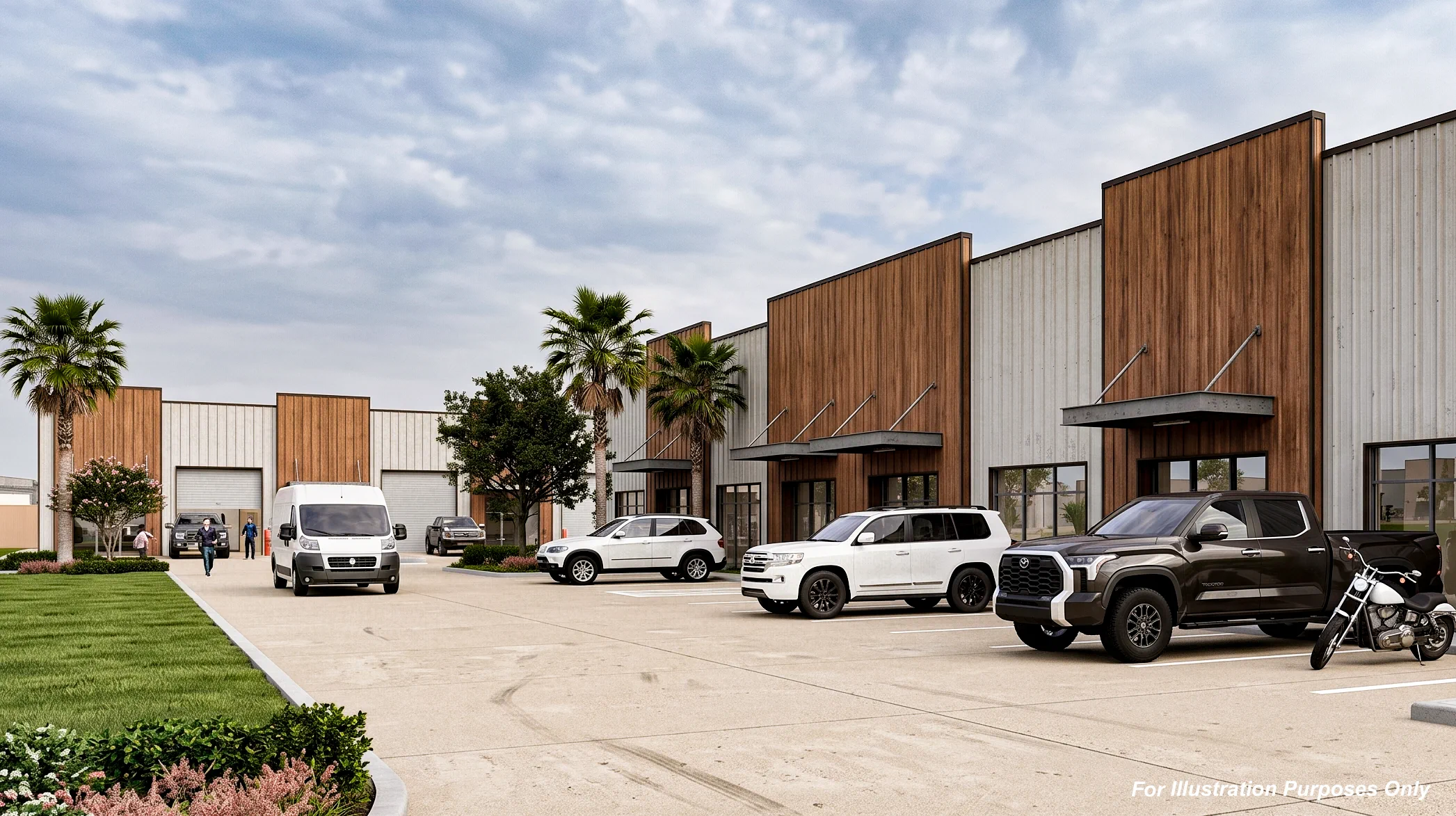 Architectural rendering of proposed vehicle circulation and flex bays at McHard Flex