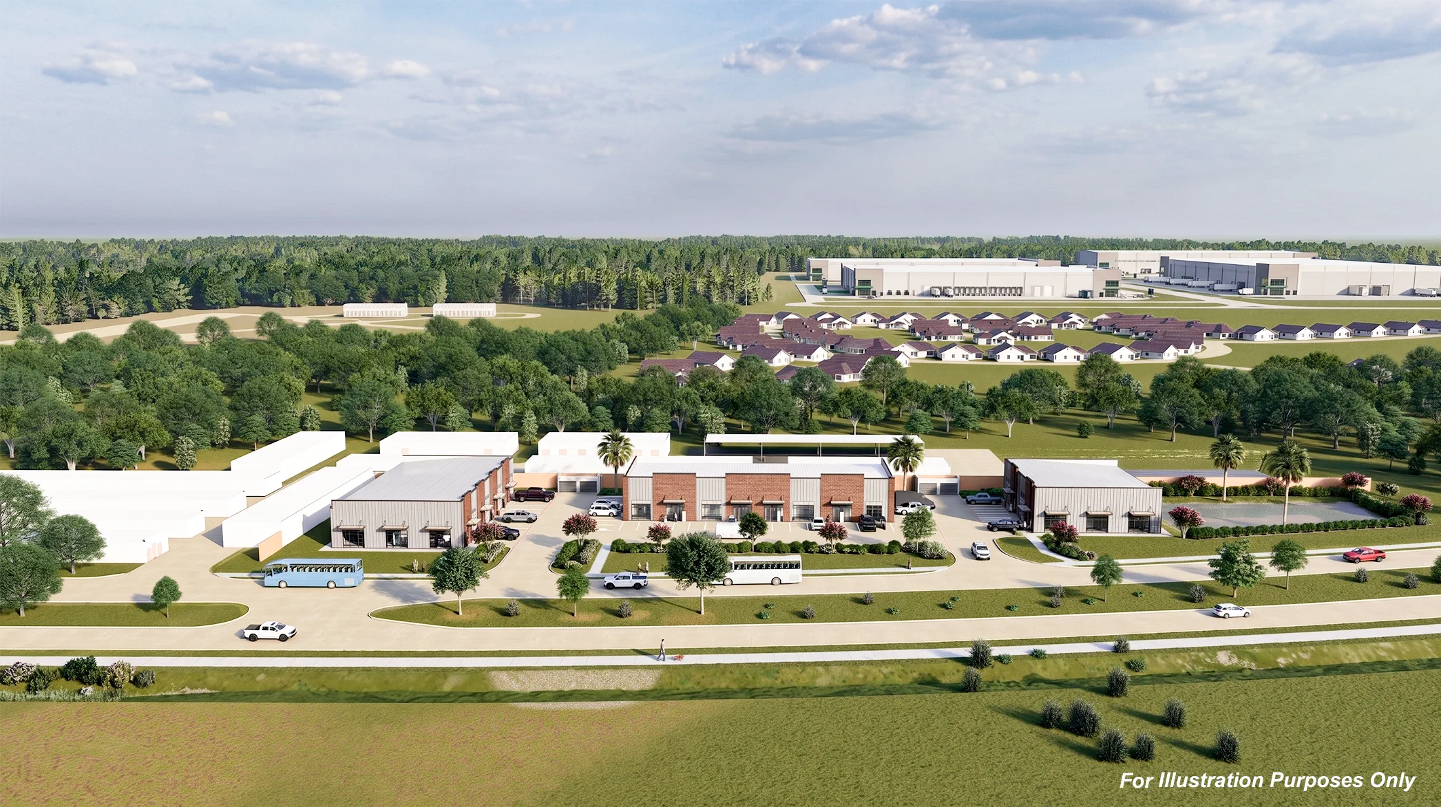 Architectural rendering with a broad illustrative aerial context for McHard Flex